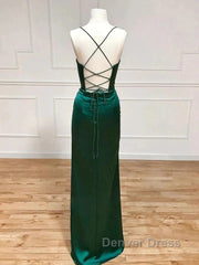 Green Satin Long Mermaid Slit Prom Dresses