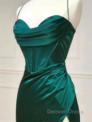 Green Satin Long Mermaid Slit Prom Dresses