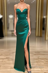 Green Satin Long Mermaid Slit Prom Dresses