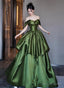 Green Satin Long Off Shoulder Princess Formal Dress, Green Satin Prom Dress