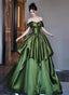 Green Satin Long Off Shoulder Princess Prom Dress, Green Satin Prom Dresses