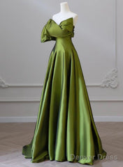 Green Satin Long One Shoulder Party Dress, Green A-Line Satin Prom Dress