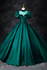 Green Satin Long Prom Dress, Elegant A-Line Short Sleeve Formal Evening Dress