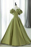 Green Satin Long Prom Dress, Green A Line Prom Dresses