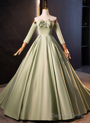 Green Satin Off Shoulder Long Formal Dress, Green Long Evening Dress Sweet 16 Dress