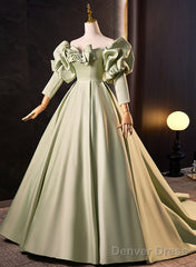 Green Satin Off Shoulder Long Formal Dress, Green Long Evening Dress Sweet 16 Dress
