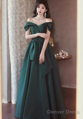 Green Satin Off Shoulder Long Party Dress, Green A-Line Chic Prom Dress