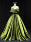 Green Satin Off the Shoulder Pleats Prom Dress With Belt