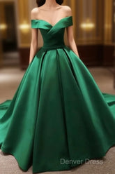 Green Satin Prom Dresses Long Off The Shoulder Ball Gowns Quinceanera Dresses