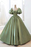 Green Satin Puff Sleeves Long Prom Dress, Green A Line Prom Dresses