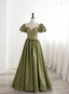Green Satin Round Neckline A-Line Floor Length Prom Dress, Green Short Sleeves Formal Dress