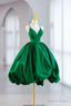 Green Satin Short A Line Prom Dress, Green V Neck Prom Dresses