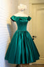 Green Satin Short Homecoming Dress, Cute Off the Shoulder Knee Length Prom Dresses