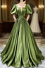 Green Satin Short Sleeves Long Prom Dress, Green Prom Dresses