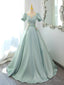 Green Satin Short Sleeves Long Prom Dress, Green Satin Prom Dress