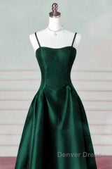 Green Satin Simple A-Line Floor Length Party Dresses, Green Satin Straps Prom Dresses