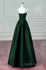 Green Satin Simple A-Line Floor Length Party Dresses, Green Satin Straps Prom Dresses