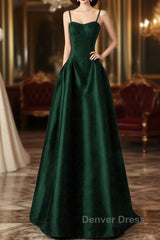 Green Satin Simple A-Line Floor Length Party Dresses, Green Satin Straps Prom Dresses