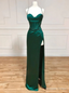 Green Satin Spaghetti Straps Backless Prom Dresses