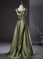Green Satin Spaghetti Straps Pleats Prom Dresses