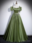 Green Satin Spaghetti Straps Puff Sleeve Prom Dresses