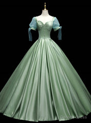 Green Satin Square Short Sleeve Button Quinceanera Dress