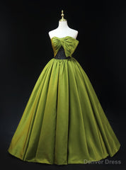 Green Satin Strapless Bow Prom Dress