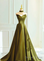 Green Satin Sweetheart Long A-Line Prom Dress Evening Dress, Green Formal Dress