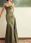 Green Satin Sweetheart Straps Long Prom Dress, Green Satin Prom Dresses