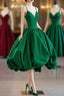 Green Satin Tea Length Straps Prom Dresses, Spaghetti Straps Homecoming Gowns