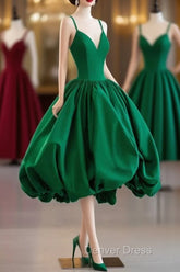 Green Satin Tea-Length Straps Prom Dresses, Spaghetti Straps Homecoming Gown