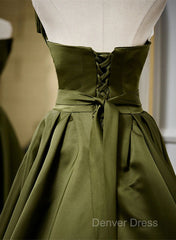 Green Satin V-Neckline Lace-Up Long Wedding Party Dresses, Green Evening Dresses