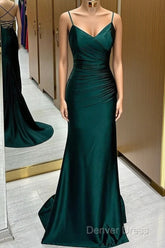 Green Satin V-Neckline Mermaid Straps Evening Gown, Green Satin Prom Dresses