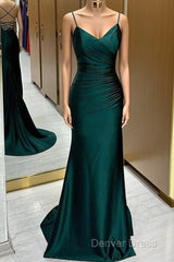 Green Satin V-Neckline Mermaid Straps Evening Gown, Green Satin Prom Dresses