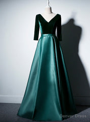 Green Satin Velvet Long Sleeve V-neck prom Dress