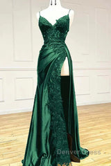 Green Satin With Lace Straps Long Evening Dresses Prom Dresses, Green Satin Party Dres