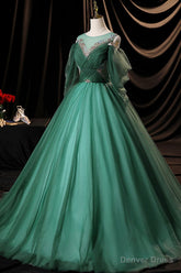 Green Scoop Neckline Tulle Formal Evening Dress, A-Line Long Sleeve Prom Dress