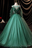 Green Scoop Neckline Tulle Prom Dress, A Line Long Sleeve Prom Dresses
