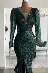 Green Sequin V Neck Mermaid Prom Dresses