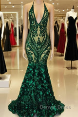 Green Sequinned Lace Rosette Mermaid Dresses