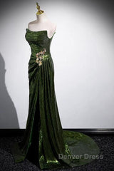 Green Sequins Long Mermaid Prom Dresses, Green Lace-Up Party Dresses With Slit