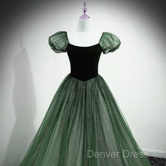 Green Shiny Tulle Short Sleevse Long Formal Dresses, Green A-Line Prom Dresses Party Dresses