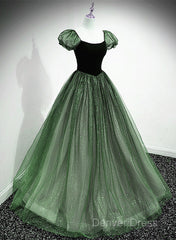 Green Shiny Tulle Short Sleevse Long Formal Dresses, Green A-Line Prom Dresses Party Dresses