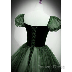 Green Shiny Tulle Short Sleevse Long Formal Dresses, Green A-Line Prom Dresses Party Dresses