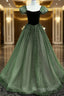 Green Shiny Tulle Short Sleevse Long Formal Dresses, Green A-Line Prom Dresses Party Dresses