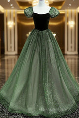 Green Shiny Tulle Short Sleevse Long Formal Dresses, Green A-Line Prom Dresses Party Dresses