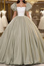 Green Short Sleeves Ball Gowns Satin Long Prom Dress, Green Long Prom Dresses