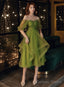 Green Short Sleeves Tulle Tea Length Wedding Prom Dress, Green Prom Dresses