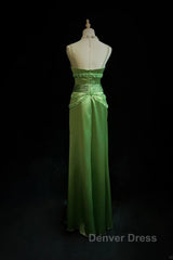 Green Spaghetti Strap Sheath Satin Beaded Prom Dresses Evening Gown
