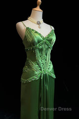 Green Spaghetti Strap Sheath Satin Beaded Prom Dresses Evening Gown